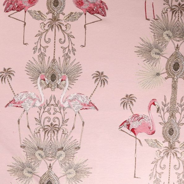 Tissu Jacquard Double face Premium Flamant rose et arabesque doré sur fond Rose - Par 10 cm