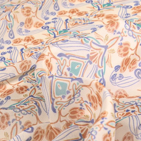 Tissu Mousseline Motifs abstraits sur fond Beige - Par 10 cm