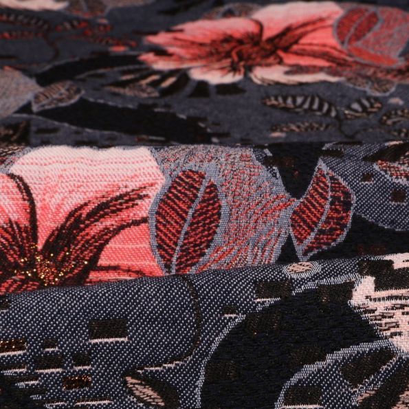 Tissu Gianni Jacquard Lurex Anthracite Fleurs Hawaï Rouges et blanches - Par 10 cm