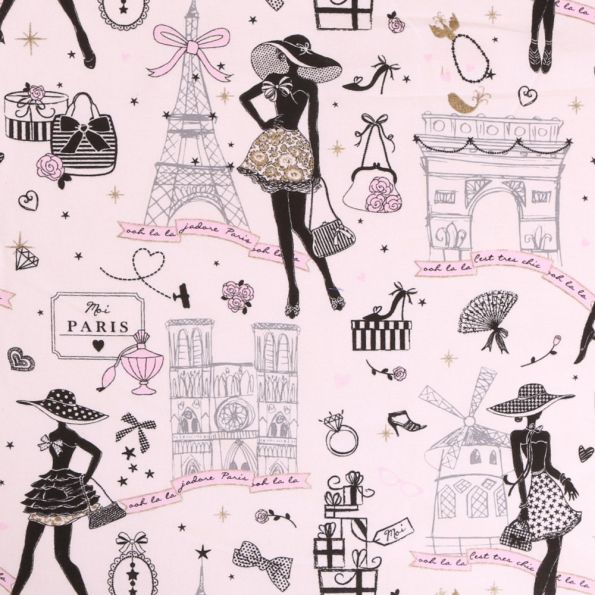 Tissu toile coton Imprimée La Parisienne Noir et Rose sur fond Blanc - Par 10 cm