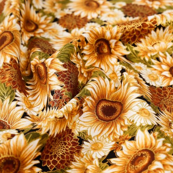 Tissu Coton imprimé Tournesols sur fond Noir - Par 10 cm