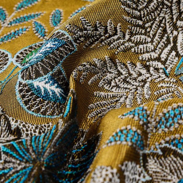 Tissu Jacquard d'ameublement Feuillage bleu sur fond Bronze - Par 10 cm