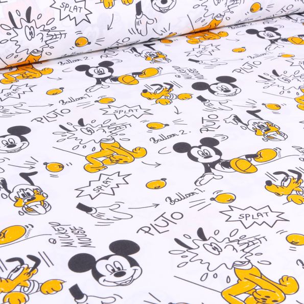 Tissu Coton imprimé sous licence Mickey Mouse yellow sur fond Blanc - Par 10 cm