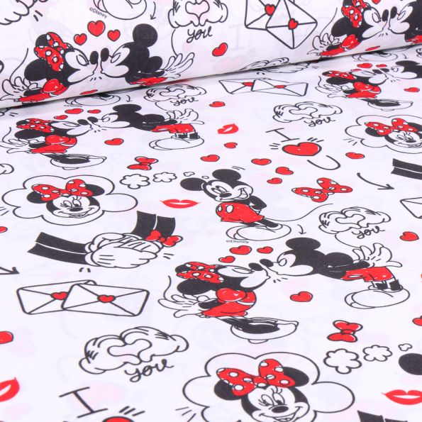 Tissu Coton imprimé sous licence Mickey & Minnie Love sur fond Blanc - Par 10 cm