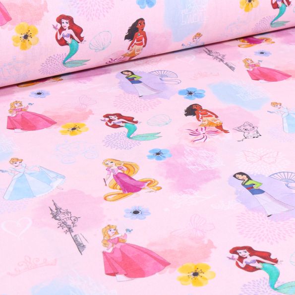 Tissu Coton imprimé sous licence Princess Disney sur fond Rose - Par 10 cm