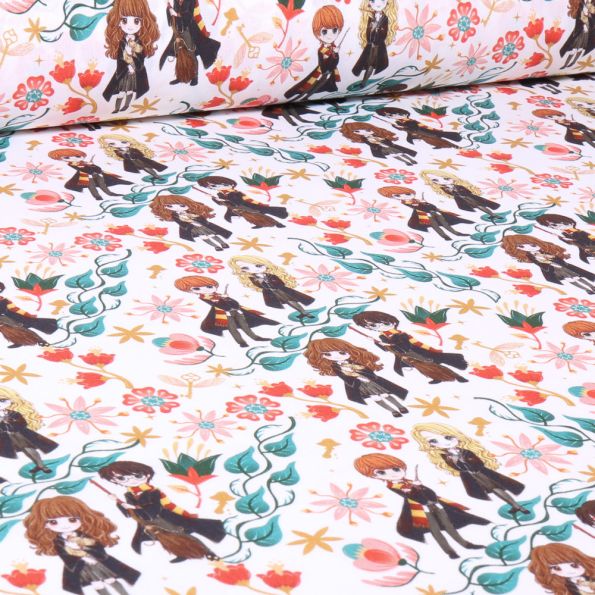 Tissu Coton imprimé sous licence Harry Potter Friends sur fond Blanc - Par 10 cm
