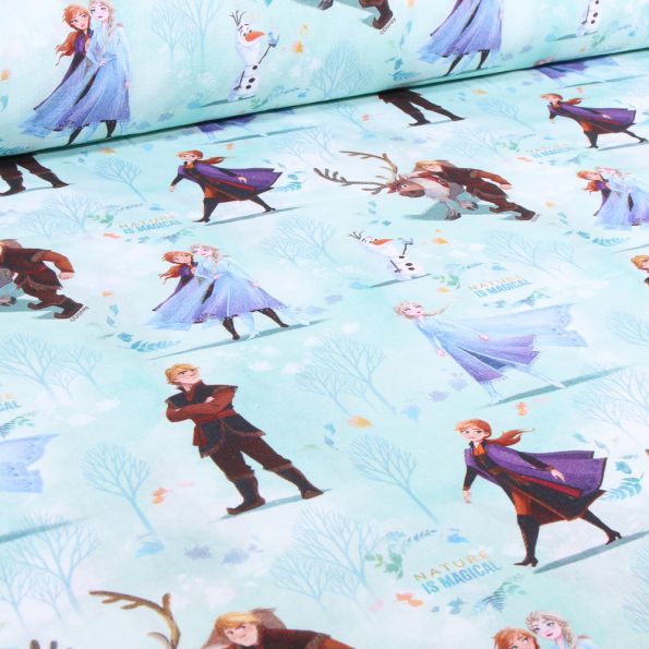 Tissu Coton imprimé sous licence Reine des neiges sur fond Bleu - Par 10 cm