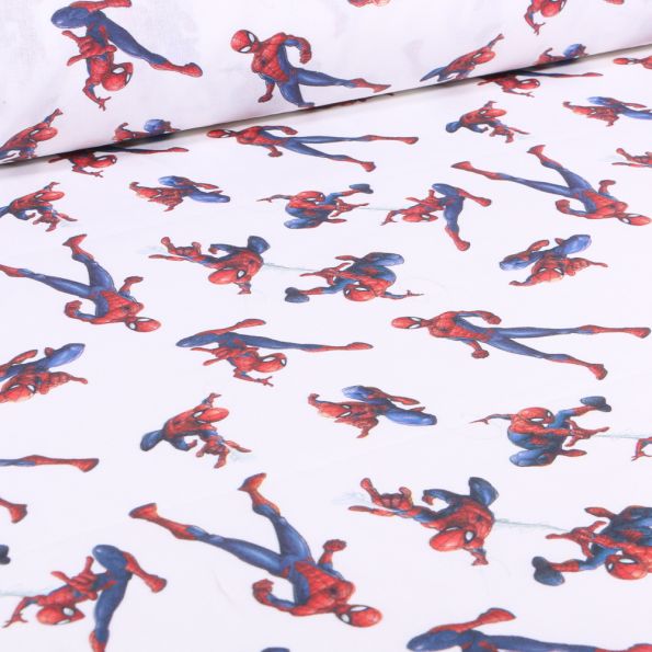 Tissu Coton imprimé sous licence Spiderman à l'attaque sur fond Blanc - Par 10 cm