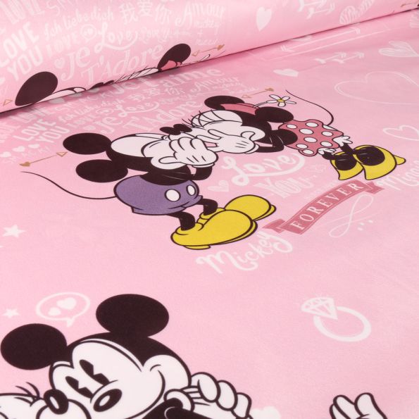 Tissus Velours d'ameublement sous licence Minnie et Mickey love sur fond Rose - Par 10 cm