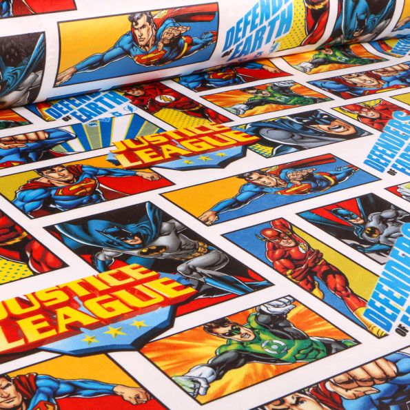 Tissus Velours d'ameublement sous licence Justice League sur fond Blanc - Par 10 cm