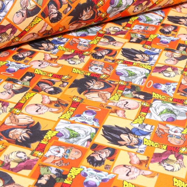 Tissu Coton imprimé sous licence Dragon ball Z personnages sur fond Orange - Par 10 cm