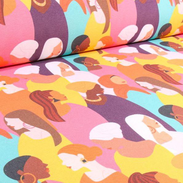 Tissu Toile Polycoton Grande largeur People sur fond Rose - Par 10 cm