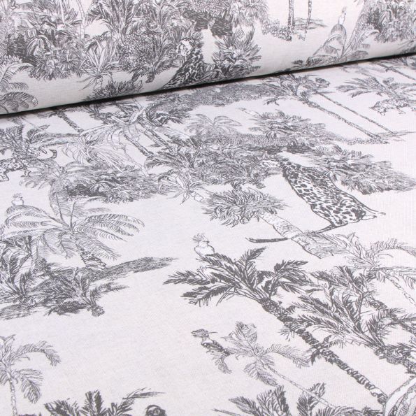 Tissu Toile Polycoton Grande largeur Jungle Black & White sur fond Blanc cassé - Par 10 cm