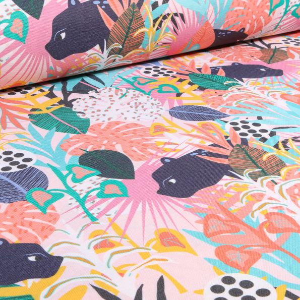 Tissu Toile Polycoton Grande largeur Chasse flower sur fond Rose pâle - Par 10 cm