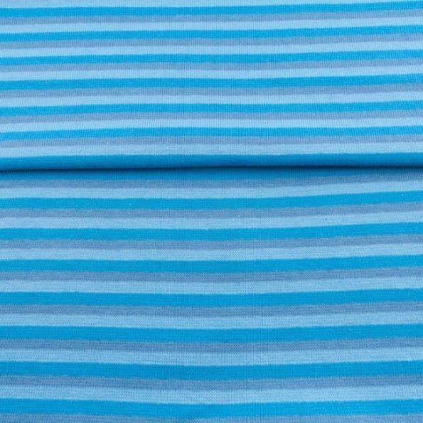 Tissu Bord côte Rayures Grises et bleu ciel sur fond Bleu - Par 10 cm