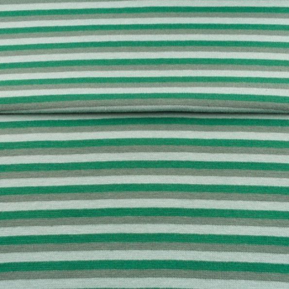 Tissu Bord côte Rayures Vert clair et foncé sur fond Gris - Par 10 cm