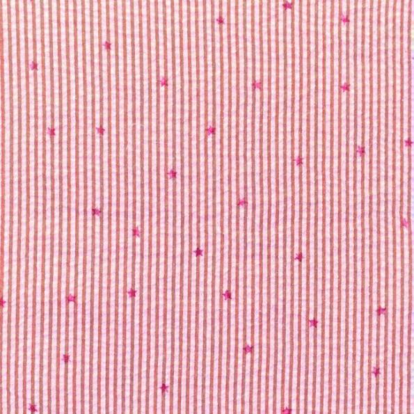 Tissu Seersucker à rayures Rouge Etoiles Fuschia sur fond Blanc - Par 10 cm