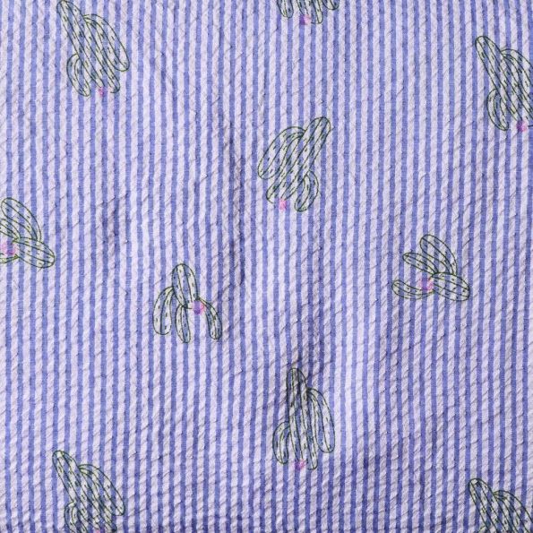 Tissu Seersucker à rayures Bleu ciel Cactus Vert et Fuschia sur fond Blanc - Par 10 cm