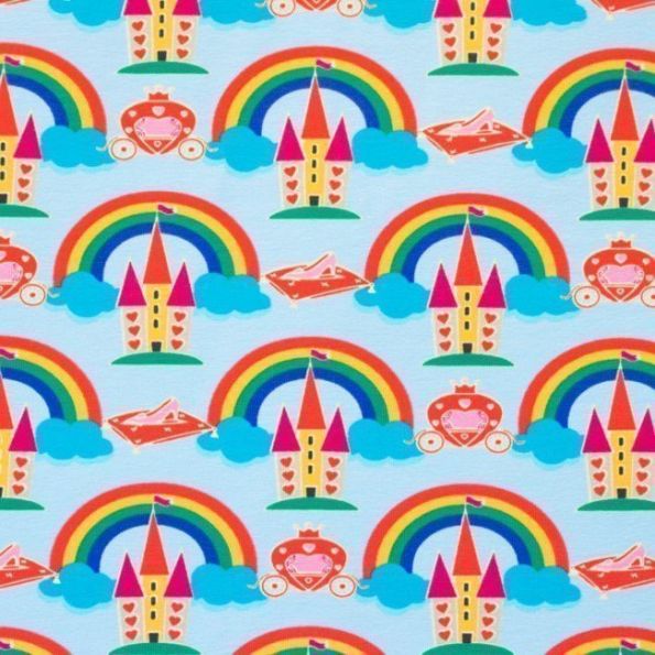 Tissu Jersey Coton Châteaux et arc-en-ciel Multicolore sur fond Bleu - Par 10 cm