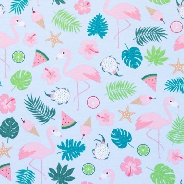 Tissu Jersey Coton Flamants roses et Tropical Multicolore sur fond Bleu - Par 10 cm
