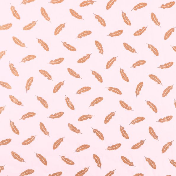 Tissu Coton Imprimé métallisé Frou-Frou Plumes Scintillantes cuivrées sur fond Rose - Par 10 cm