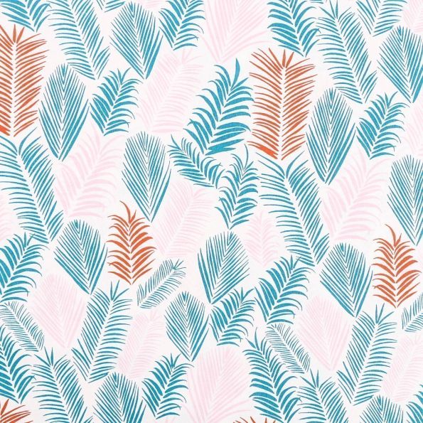 Tissu Coton Imprimé Frou-Frou Rio orange, rose et bleu-vert sur fond Blanc - Par 10 cm