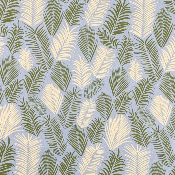 Tissu Coton Imprimé Frou-Frou Rio kaki et jaune pastel sur fond Bleu-gris - Par 10 cm