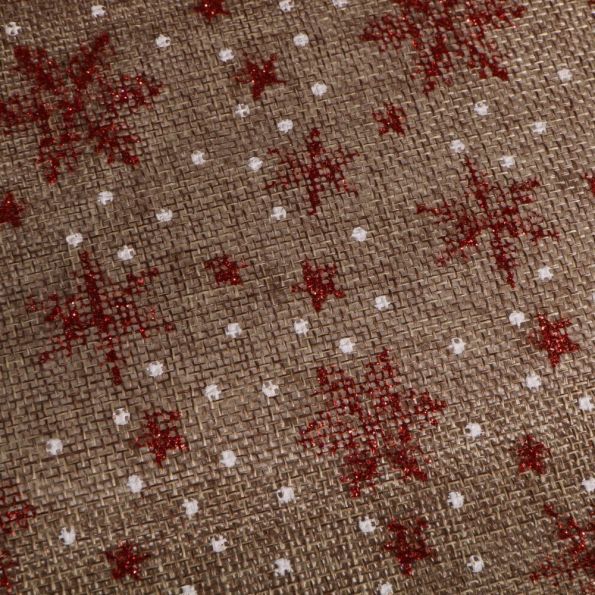 Tissu Toile de jute Flocons rouges pailletés sur fond Naturel - Par 10 cm