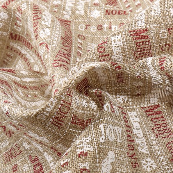 Tissu Toile de Jute Merry Christmas sur fond Naturel - Par 10 cm