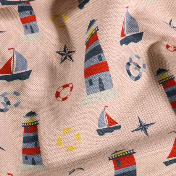 Tissu Imprimé Phares Et Bateaux - Coupon 56 X 105 Cm - Coton Multicolore - Thème Mer Et Plage - Fabriqué En France