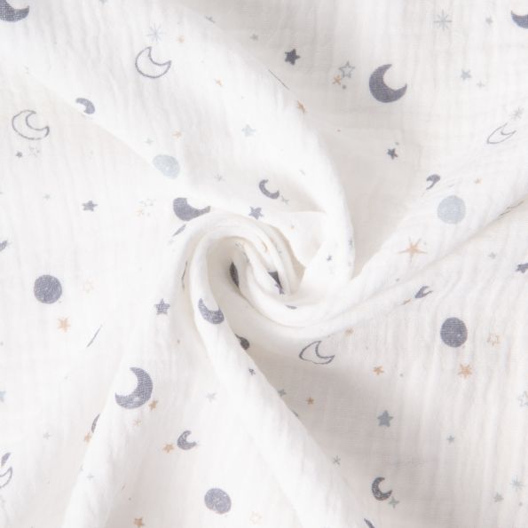 Tissu Double gaze de Coton Moon light sur fond Blanc - Par 10 cm