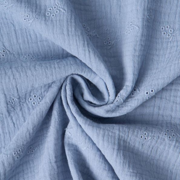 Tissu Double gaze de Coton Brodé Loline sur fond Bleu indigo - Par 10 cm