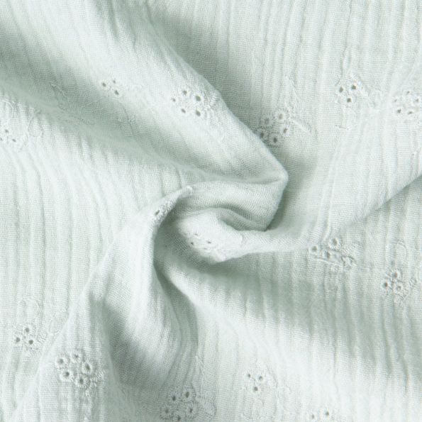Tissu Double gaze de Coton Brodé Loline sur fond Vert menthe clair - Par 10 cm
