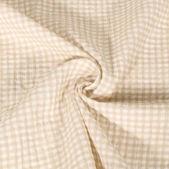 Tissu Double gaze de Coton Vichy beige sur fond Blanc - Par 10 cm