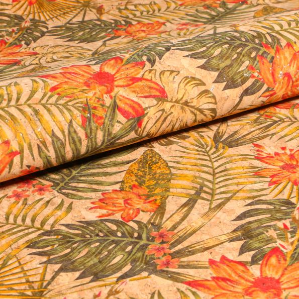 Tissu Liège Feuilles tropical pailleté sur fond Naturel - Par 10 cm