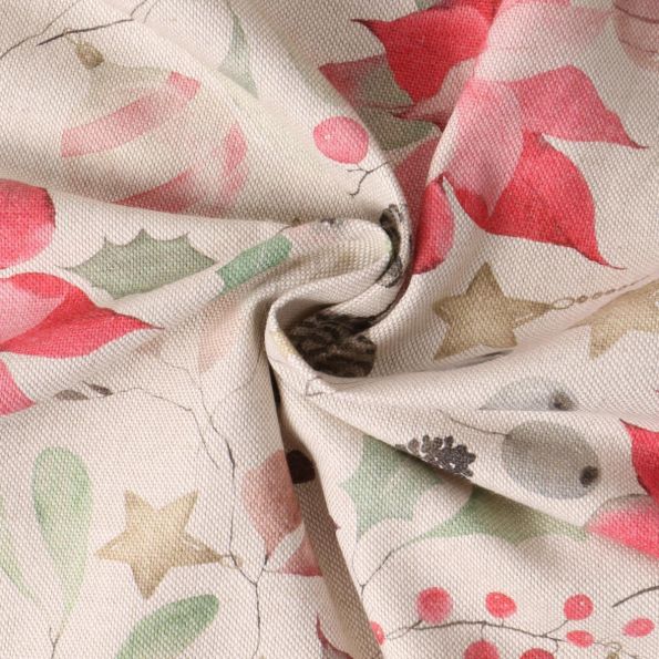 Tissu Toile de Coton  Céleste fleurs de poinsettias sur fond Ecru - Par 10 cm