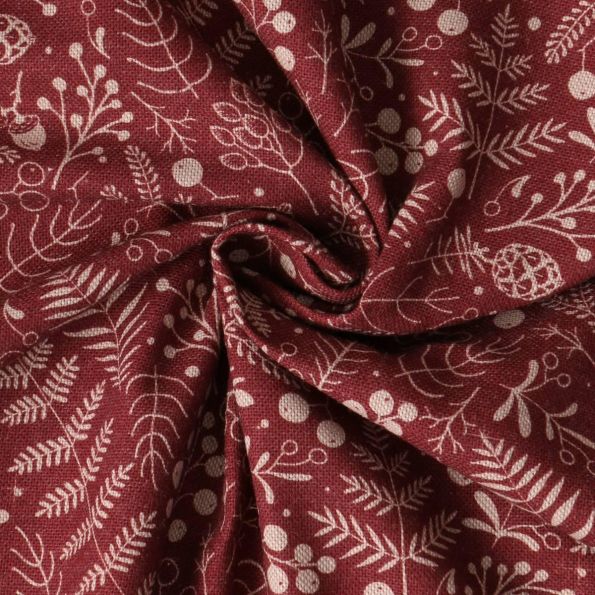 Tissu Toile de Coton Céleste végétaux d'hiver sur fond Bordeaux - Par 10 cm