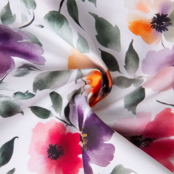 Tissu Polyester Aqua Flora sur fond Blanc - Par 10 cm