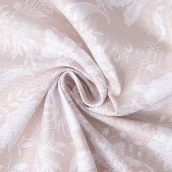 Tissu Polyester White Flora sur fond Beige - Par 10 cm