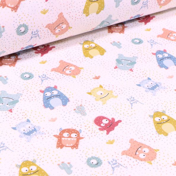 Tissu Piqué de coton Monstres colorés sur fond Blanc - Par 10 cm