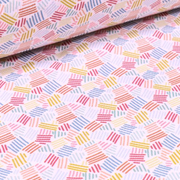 Tissu Piqué de coton Rayures colorés sur fond Blanc - Par 10 cm