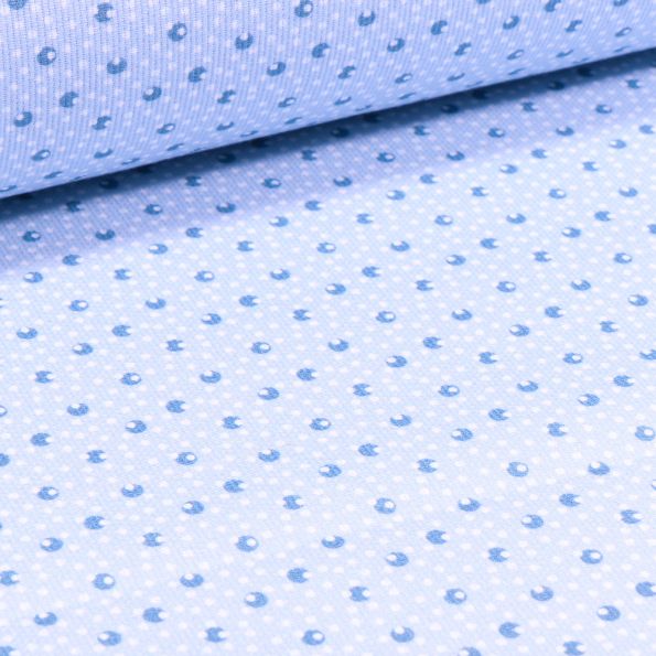 Tissu Piqué de coton Pois et point sur fond Bleu ciel - Par 10 cm