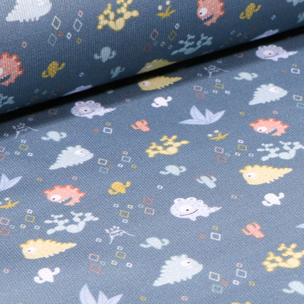 Tissu Piqué de coton Monstres et cactus sur fond Bleu denim - Par 10 cm