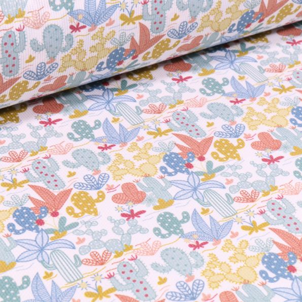 Tissu Piqué de coton Cactus multicolores sur fond Blanc - Par 10 cm