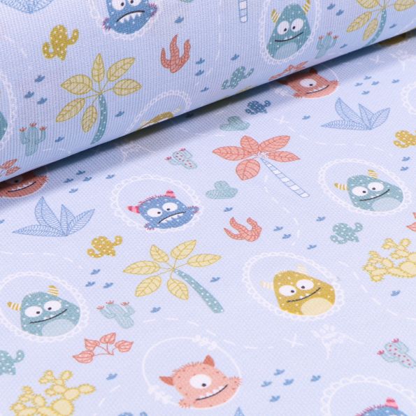 Tissu Piqué de coton Monstres et végétations sur fond Bleu ciel - Par 10 cm