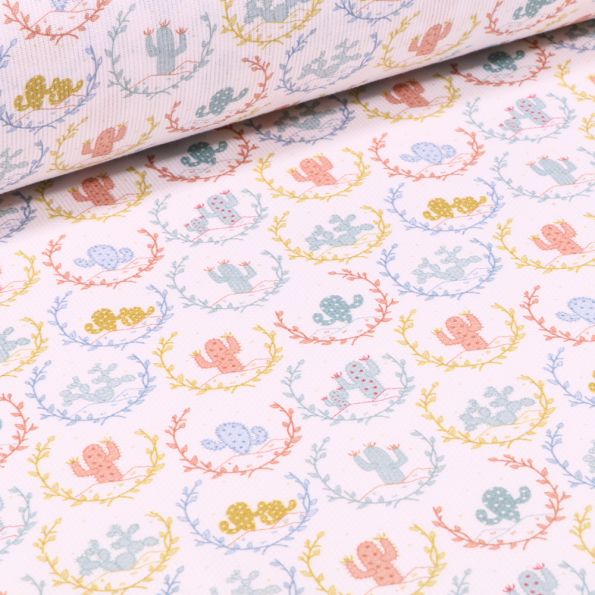 Tissu Piqué de coton Couronnes de fleurs et cactus sur fond Blanc - Par 10 cm