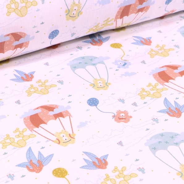 Tissu Piqué de coton Monstres et montgolfières sur fond Blanc - Par 10 cm