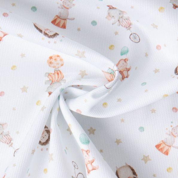 Tissu Pique de Coton  Nube Circus sur fond Blanc - Par 10 cm