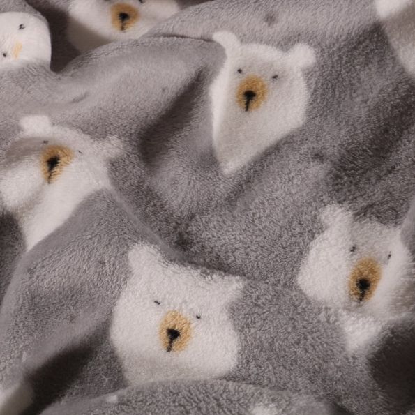 Tissu Doudou polaire Tête d'ours Polaire sur fond Gris - Par 10 cm