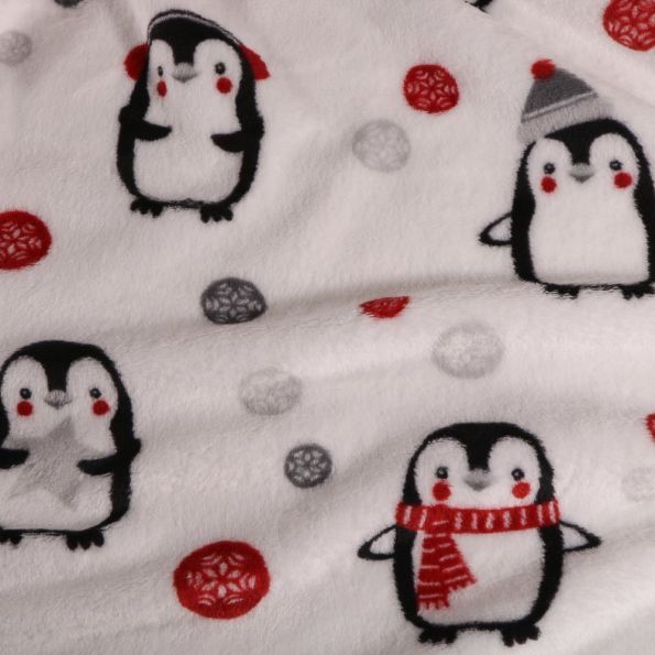 Tissu Doudou polaire Pingouins et flocons sur fond Blanc - Par 10 cm
